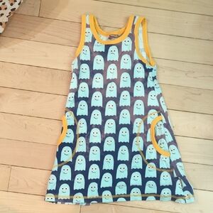 Maxomorra Kids Ghost Print Tank Dress with Yellow Trim - 6 Years Playwear
